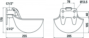 ابعاد آبخوری‌های اتوماتیک دام کربل با مکانیزم زبانه‌ای استیل (KERBL metal water bowl dimension)