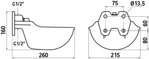 ابعاد آبخوری اسب و گاو کربل با مکانیزم میله‌ای KERBL Water Bowl G51 Dimensions